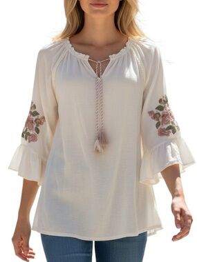 Vintage America Cream Peasant Blouse with Rose Embroidery and Tassel Tie Size L